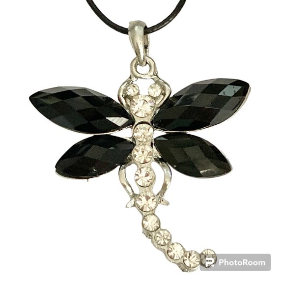 Vtg Dragonfly Necklace Pendant Insect Black Crystal Silver Plated Black Cord 18" - Picture 1 of 10
